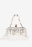 Torebki damskie - Srebrna Torebka Kopertówka Vices z Perłową Rączką Piórami i Łańcuszkiem Feselissa - miniaturka - grafika 1