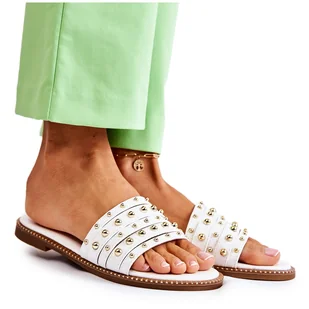 S.Barski Damskie Skórzane Klapki Z Ozdobą Białe Brien - Klapki i japonki damskie - miniaturka - grafika 1