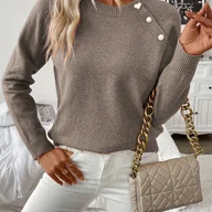 Swetry damskie - TEMU Damski Elegancki Sweter w Kolorze Miętowej Zieleni - Długie Rękawy, Okrągły Kołnierz z Guzikami na Przodzie, Średnio Elastyczny Jednokolorowy - miniaturka - grafika 1