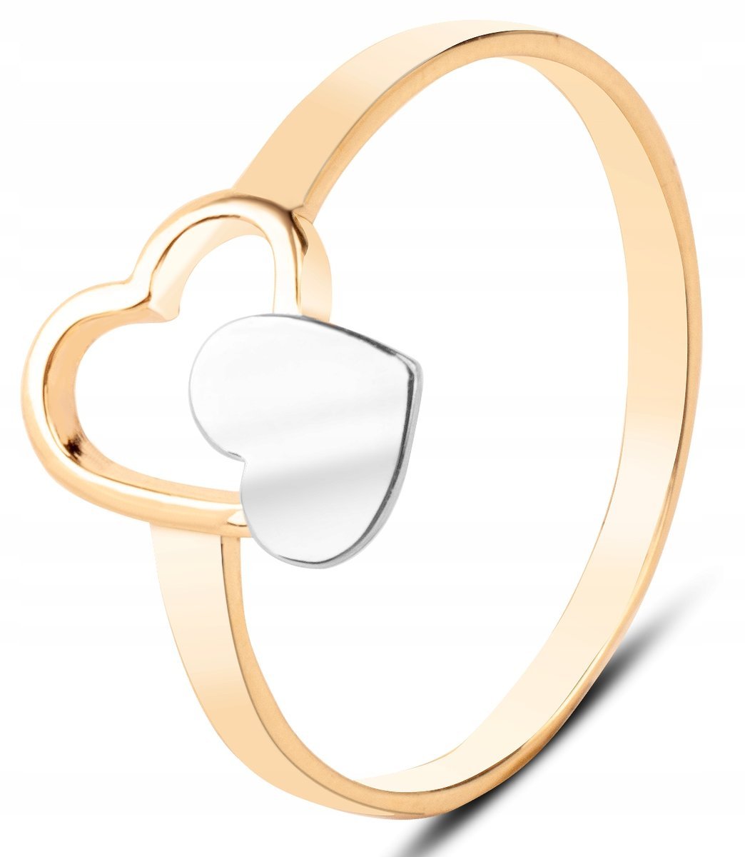 ZŁOTY DWUKOLOROWY PIERŚCIONEK Z DWOMA SERDUSZKAMI NIEROZŁĄCZNI 14KT 585