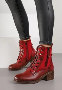 Bordowo-Czerwone Botki Trzewiki na Klockowym Obcasie Zdobione Suwakiem Salittea - Botki damskie - miniaturka - grafika 1