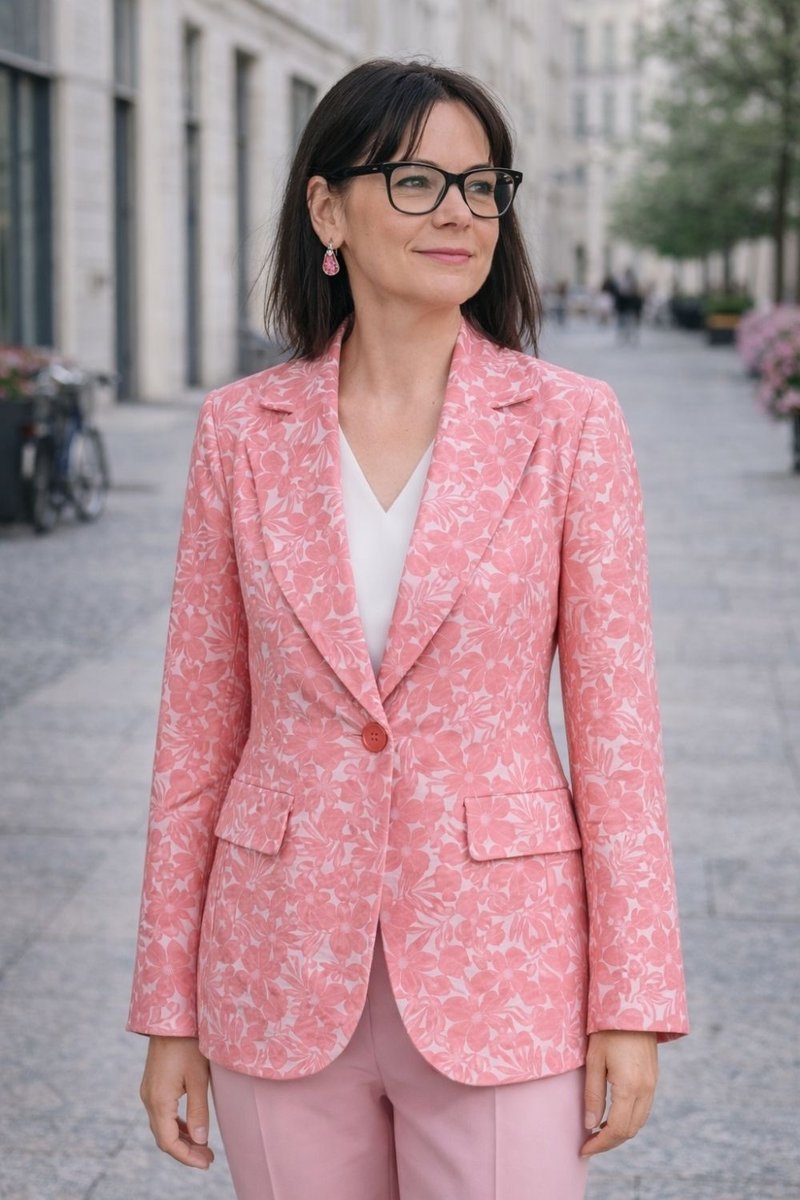 Marynarka damska kwiatowa koralowa lekka blazer Włoska Uni