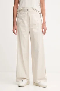 Calvin Klein Jeans spodnie bawełniane damskie kolor beżowy szerokie high waist LV044D612G - Spodnie sportowe damskie - miniaturka - grafika 1