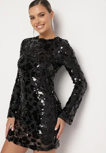 Czarna Taliowana Sukienka z Cekinami i Metaliczną Nicią Ventheia - Sukienki - miniaturka - grafika 1