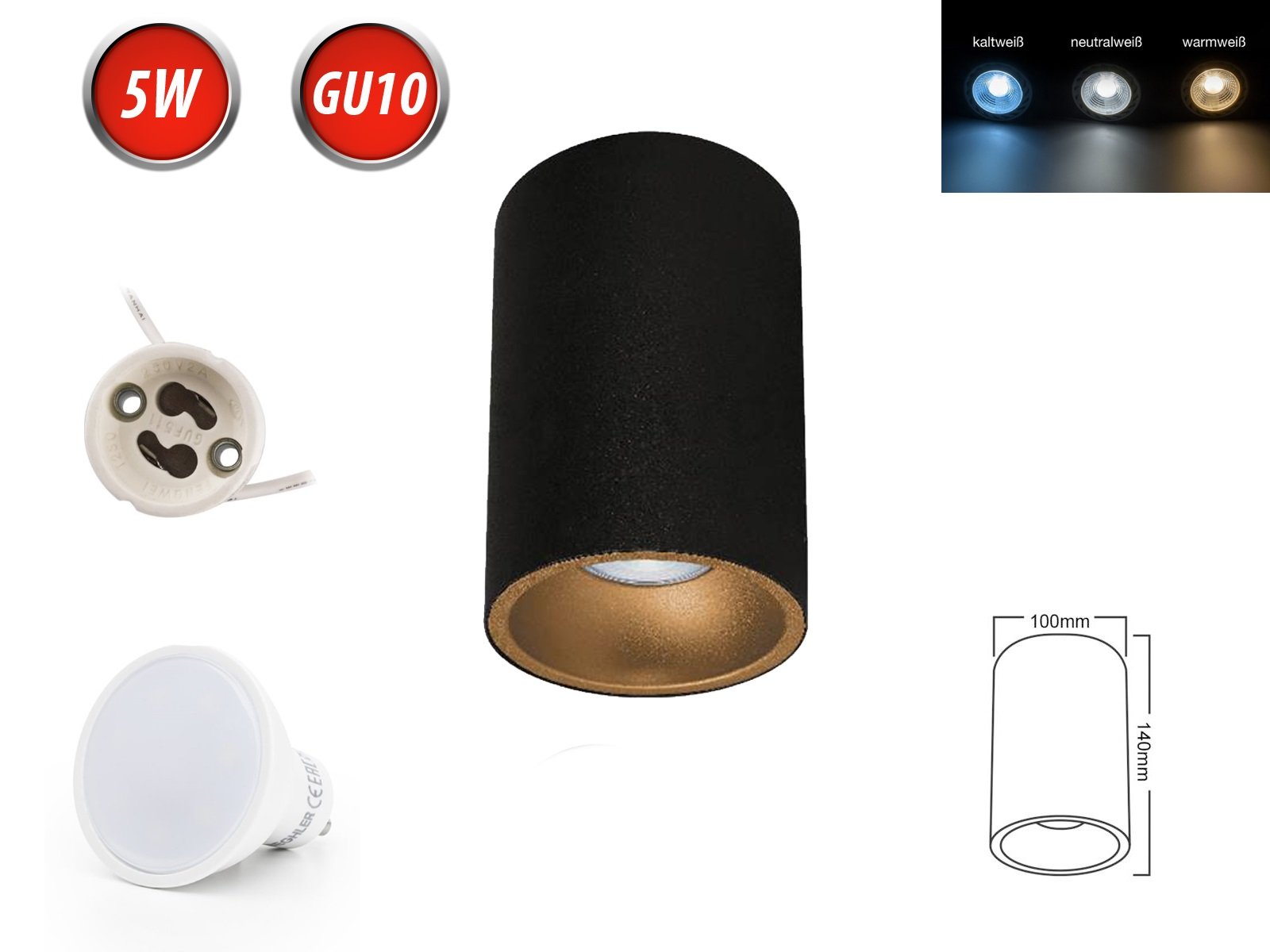 Lampa sufitowa BETA-SR reflektor natynkowy Ø100mm reflektor natynkowy z GU10 5W neutralna biała żarówka LED okrągła czarna/złota