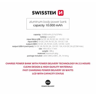 SWISSTEN, Powerbank, ALUMINUM, Li-Pol, 5/9/12V, do ładowania telefonów i innych urządzeń, 22013915, 10000mAh, microUSB, 2x USB-A, - Powerbanki - miniaturka - grafika 4