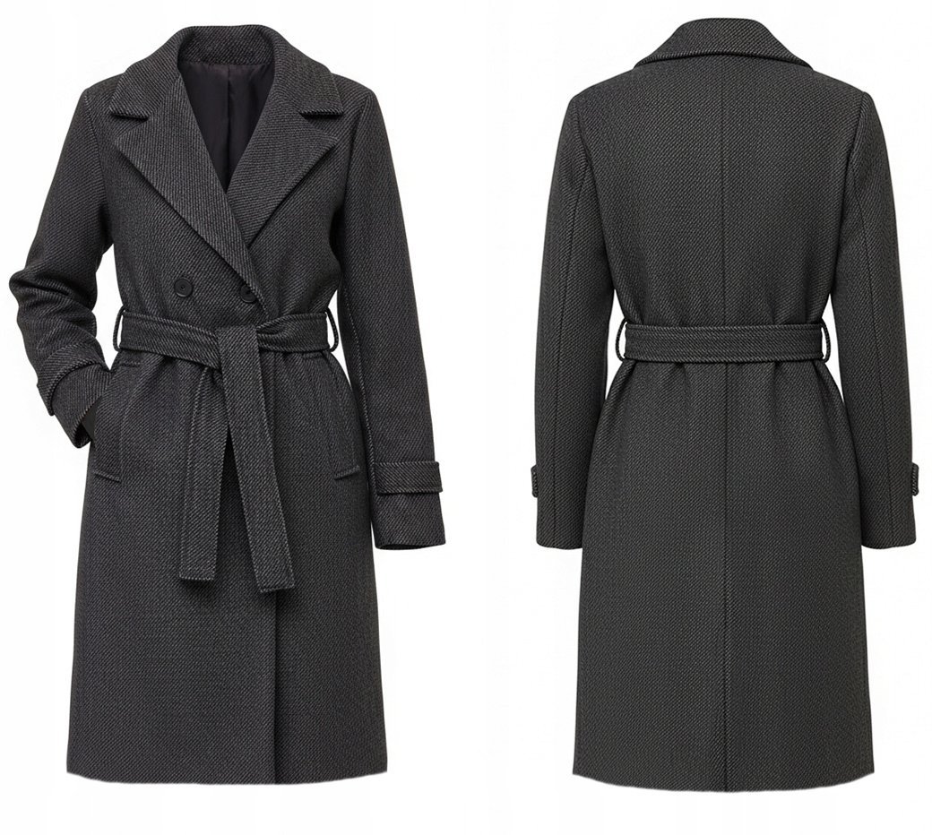 PRĄŻKOWANY PŁASZCZ Z PASKIEM PRZEJŚCIOWY WIOSENNY DAMSKI 3XL GRAFIT