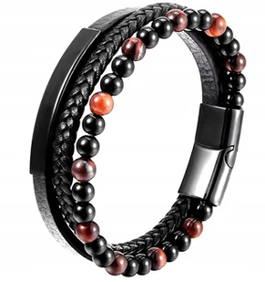 BRANSOLETKA MĘSKA SKÓRZANA POTRÓJNA BRĄZOWE KORALIKI STAL CHRURGICZNA 316L - Bransolety męskie - miniaturka - grafika 1
