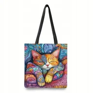 Torby i wózki na zakupy - Torba shopperka tote kolorowy niebieski fioletowy śpiący kot łapki 40x35 cm - miniaturka - grafika 1