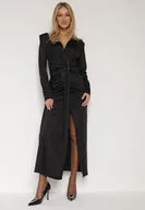 Sukienki - Czarna Elegancka Sukienka z Trenem i Rozcięciem Atissa - miniaturka - grafika 1