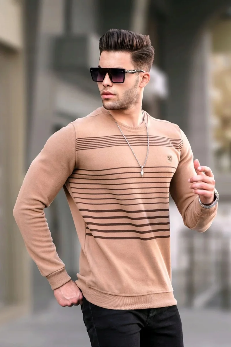 MĘSKI BEŻOWY SWETER W PASKI Z OKRĄGŁYM DEKOLTEM XL 5IA