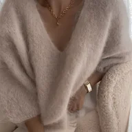 Swetry damskie - TEMU Elegancki Damski Sweter w Kolorze Turkusowym z Dekoltem w Serek - Miękki, Gruby, Oversize, Luźny Krój, Długi Rękaw, Zimowy Płaszcz Sweter na - miniaturka - grafika 1