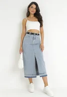 Spódnice - Jasnoniebieska Spódnica Jeansowa Midi z Paskiem z Imitacji Skóry Kiarmi - miniaturka - grafika 1