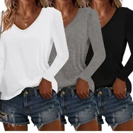 Bluzki damskie - TEMU 3 szt. Damskie T-shirty z Dekoltem w Serek - Miękkie, Luźne i Przestronne Bluzki na Wiosnę & Jesień, Jednokolorowe, Do Codziennego Noszenia i - miniaturka - grafika 1