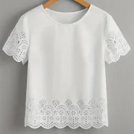 Koszule damskie - TEMU Elegancka Bluzka z Krótkim Rękawem - Miękki Różowy Kołnierzyk w Kształcie Muszli i Koronki, Okrągły Dekolt, Oddychające Koronkowe Brzegi, - miniaturka - grafika 1