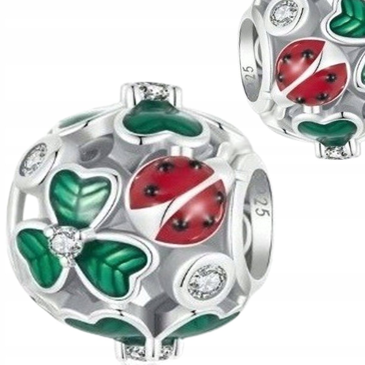 CHARMS Zawieszka Zielona Koniczynka Biedronka szczęście próba Srebro s925