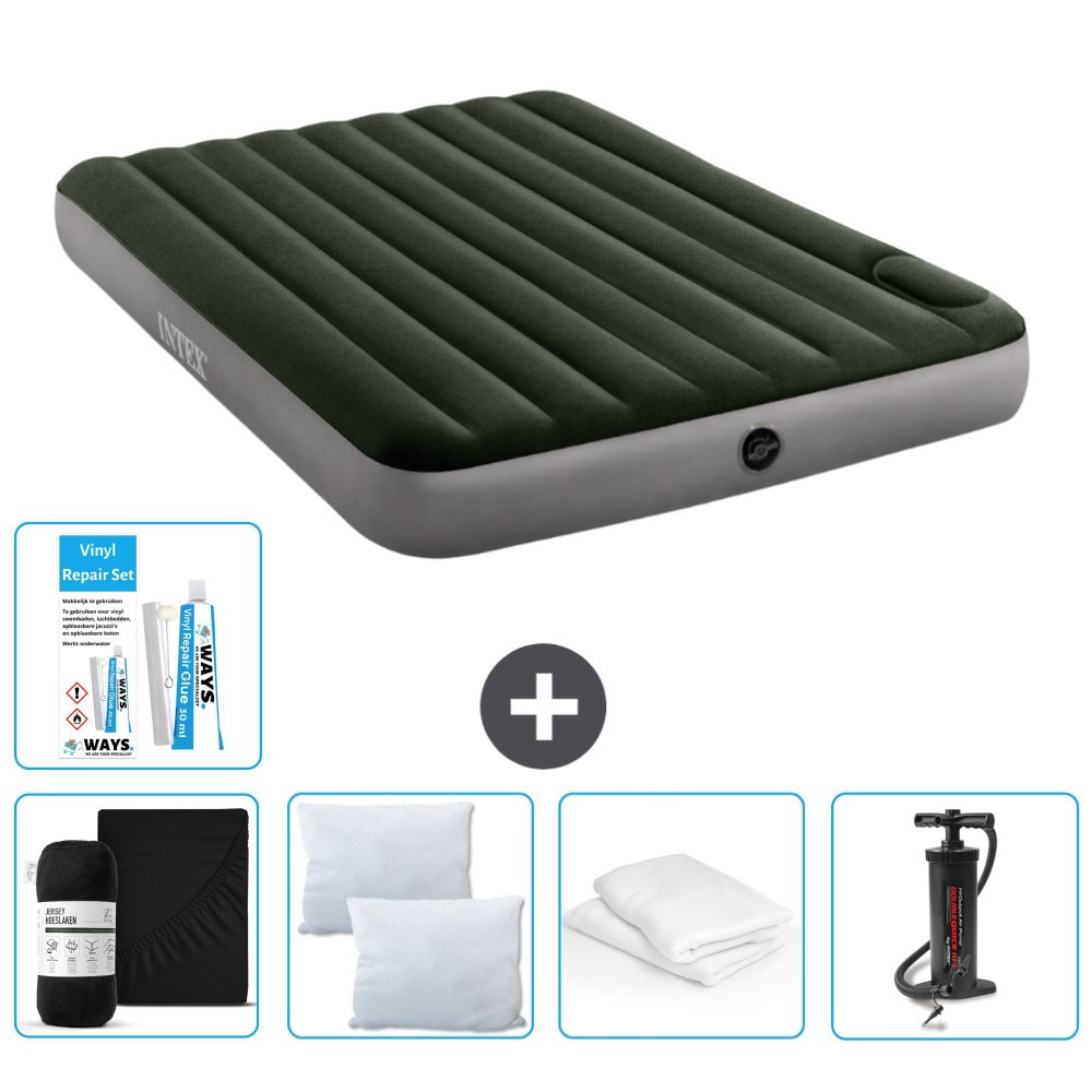 Dmuchane łóżko Intex - 2 osoby - 152 x 203 x 25 cm - zielone - prześcieradło - pompka - zestaw naprawczy en ochraniacz na poduszkę