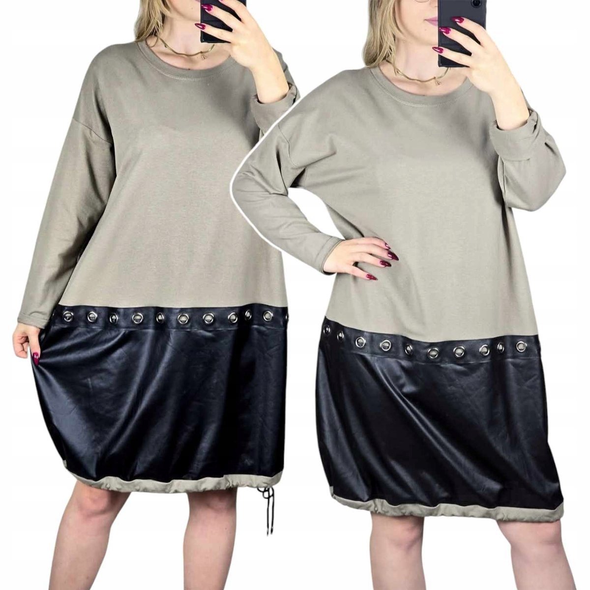 STYLOWA SUKIENKA DRESOWA BOMBKA SKÓRA długi rękaw BAWEŁNA 46 48 3XL 4XL