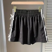 Inne - TEMU Letnie Szorty Damskie w Kolorze Czarnym z Białymi Kokardkami na Bokach - Elastyczny Pas, Standardowy Krój, Materiał Nieelastyczny do Prania - miniaturka - grafika 1