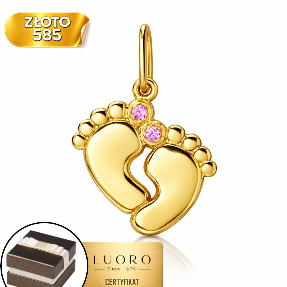 ZAWIESZKA ZŁOTA 585 14K STÓPKI Z RÓŻOWĄ CYRKONIĄ 22 MM ELEGANCKA