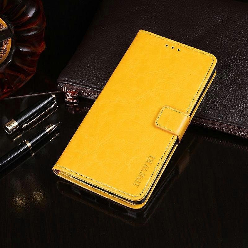 idewei Crazy Horse Texture Poziome skórzane etui z klapką z uchwytem i miejscami na karty oraz portfelem do OPPO A5 (2020) Żółty