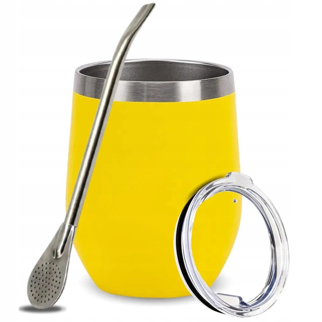Zestaw Matero Kubek Yerba Mate TermoLid Żółte 350ml z Pokrywką + Bombilla