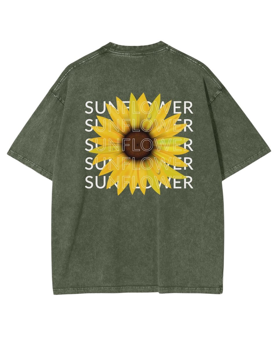 Damska koszulka oversize efekt sprania Słonecznik Kwiaty Lato Khaki XL