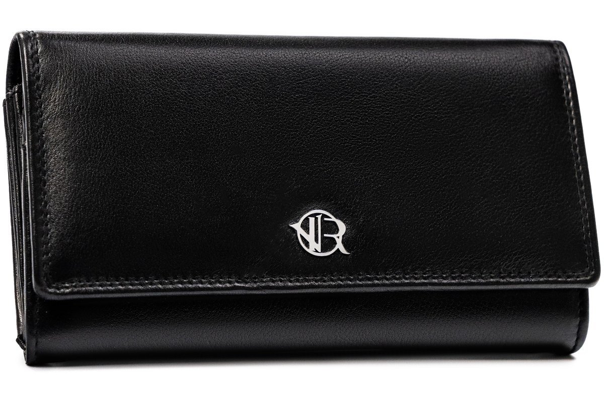 Czarny duży portfel damski klasyczny poziomy na zatrzask ROVICKY skóra naturalna rozbudowany i pojemny ochrona RFID STOP karty gotówka dowód rejestr..