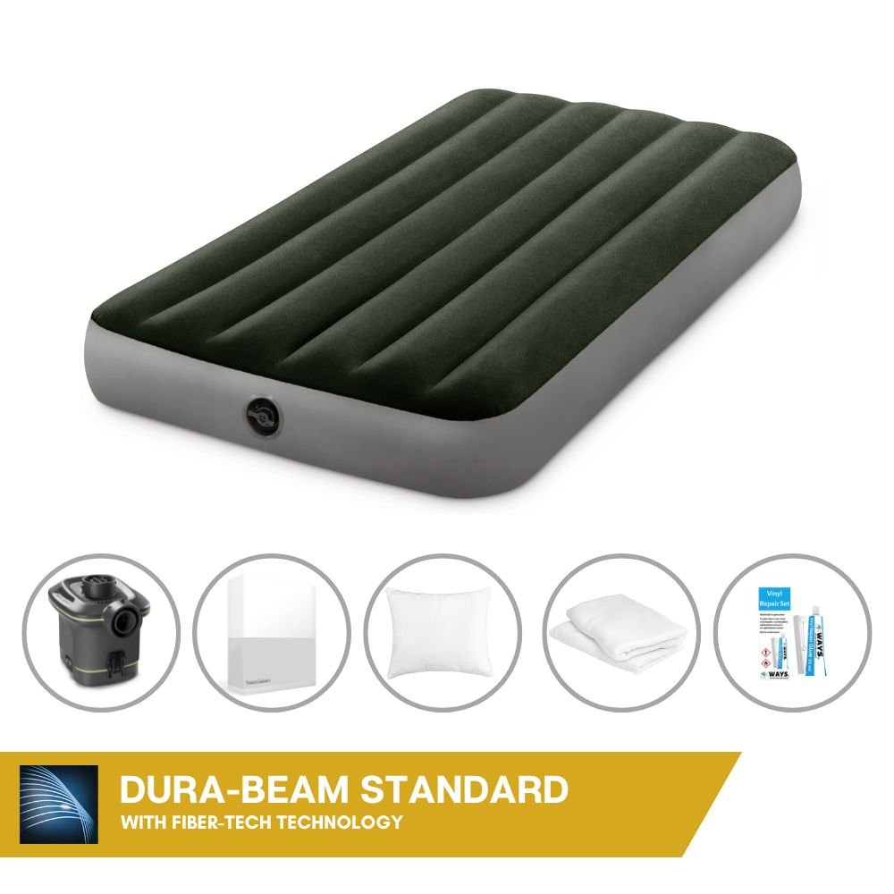 Dmuchane łóżko Intex - 1 osoba - 99 x 191 x 25 cm - Zielony - Z pompką + prześcieradło białe + poduszka + poszewki Molton 2 w 1 + zestaw naprawczy