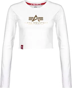 ALPHA INDUSTRIES Damski Basic Cropped LS Foil Print Wmn Crop-TOP, 590-White/Yellow Gold, M, 590-biały/żółte złoto, M - Koszulki i topy damskie - miniaturka - grafika 1