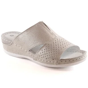 Skórzane klapki damskie komfortowe z gumką złote S.Barski BN290 złoty - Klapki i japonki damskie - miniaturka - grafika 1