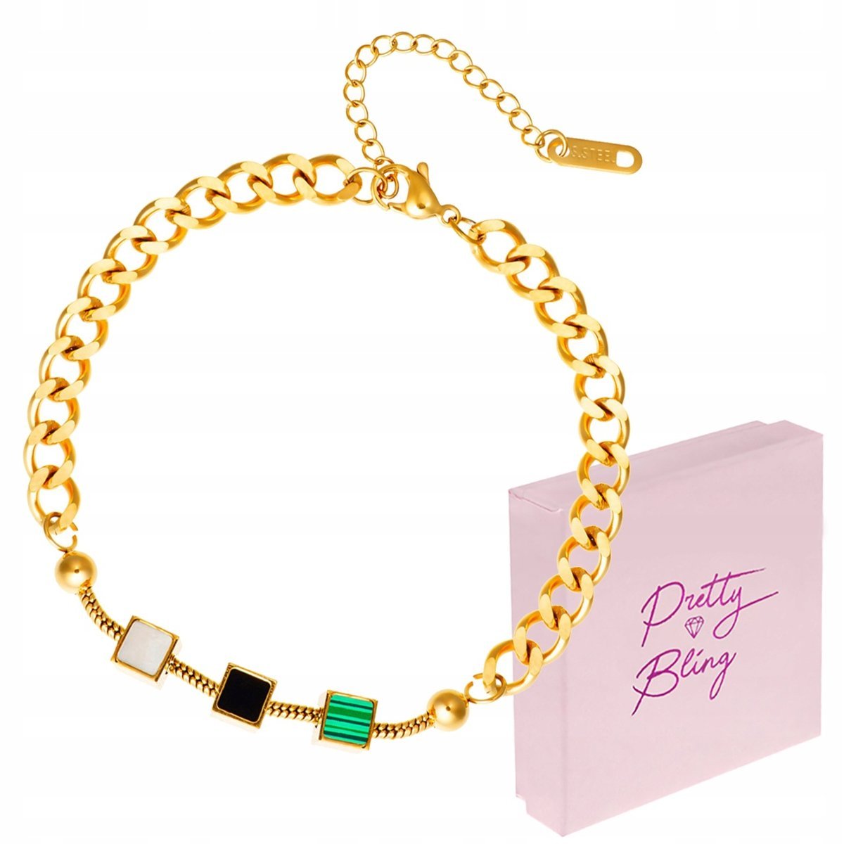 Bransoletka damska pozłacana pancerka KOSTKI KOLOROWE regulowana STAL 316L