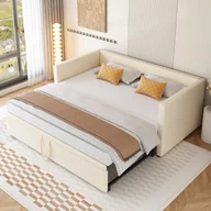 Łóżka dla dzieci i młodzieży - Łóżko rozkładane Fortuna Lai 90x200cm/180x200cm, rozkładana sofa z listwowym stelażem i podłokietnikami, łóżko tapicerowane aksamitem, rozkładana sofa dla dzieci, beżowa - miniaturka - grafika 1