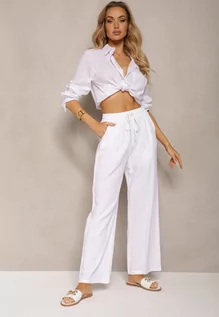 Spodnie damskie - Białe Szerokie Spodnie z Wiskozy z Dodatkiem Lnu Delsira - grafika 1