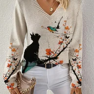 Swetry damskie - TEMU Sweter z Eleganckim Dekoltem w Serek dla Kobiet z Kolorowym Wzorem Kota i Kwiatów - Długi Rękaw, Zapinany na Guziki, Lekki, Idealny na - miniaturka - grafika 1