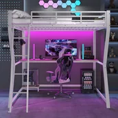 Łóżka dla dzieci i młodzieży - łóżko piętrowe 140×200 cm - z oświetleniem LED - z biurkiem - gniazdko + USB - ze schodami - białe - miniaturka - grafika 1