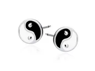 Kolczyki - Delikatne okrągłe rodowane srebrne kolczyki yin yang czarna emalia srebro 925 - miniaturka - grafika 1
