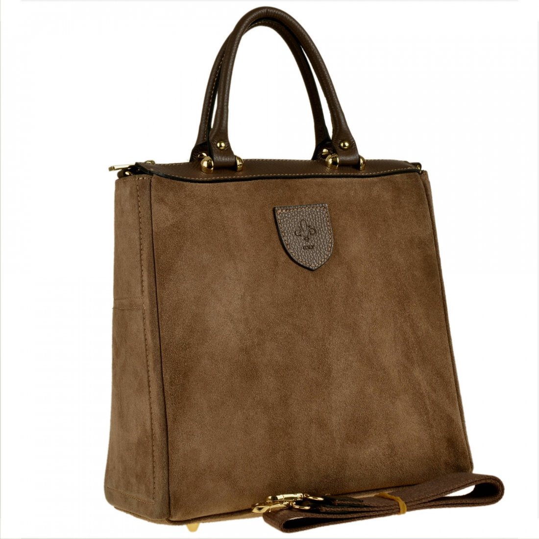 Elegancka skórzana torebka kuferek taupe brązowy zamsz