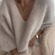 Swetry damskie - TEMU Sweter damski z miękkiego polaru - dekolt w serek, rękawy 3/4, elegancki sweter jednokolorowy na każdą porę roku do codziennego i formalnego - miniaturka - grafika 1