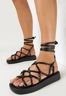 Sandały damskie - Czarne Płaskie Sandały z Wiązaniem przy Kostce Ozlana - miniaturka - grafika 1