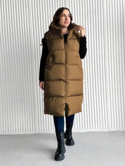Plus Size Damska Kamizelka Puchowa Brązowa Klasyczna 50 Łud