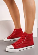 Trampki damskie - Czerwone Trampki z Wysoką Cholewką Ozdobione Perforacją Velagia - miniaturka - grafika 1
