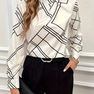 Koszule damskie - TEMU Bluzka z przodu z węzłem dla kobiet z geometrycznym wzorem - wysoki dekolt, długie rękawy, koszula z guzikami na wiosnę i jesień, czarno-biała - miniaturka - grafika 1