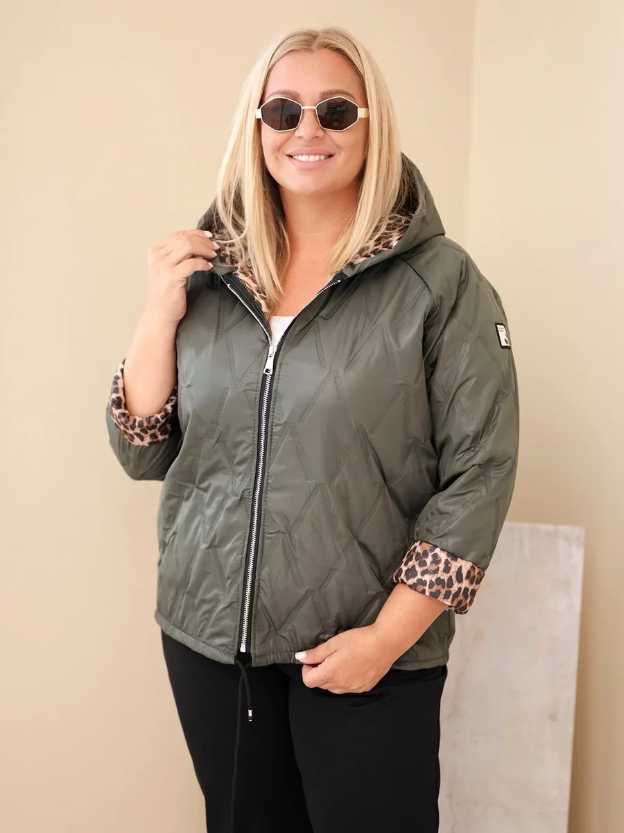 Khaki kurtka damska Plus Size z geometrycznym pikowaniem
