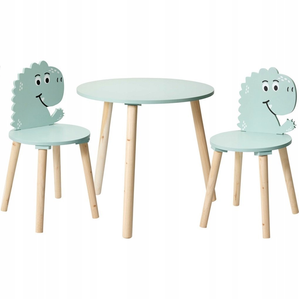 Drewniany stolik z 2 krzesełkami dla dzieci, motyw dinozaura, wys. 50 cm