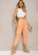 Spodnie damskie - Pomarańczowe Spodnie Szerokie ze Sznurkiem w Talii Hindarsfa - miniaturka - grafika 1