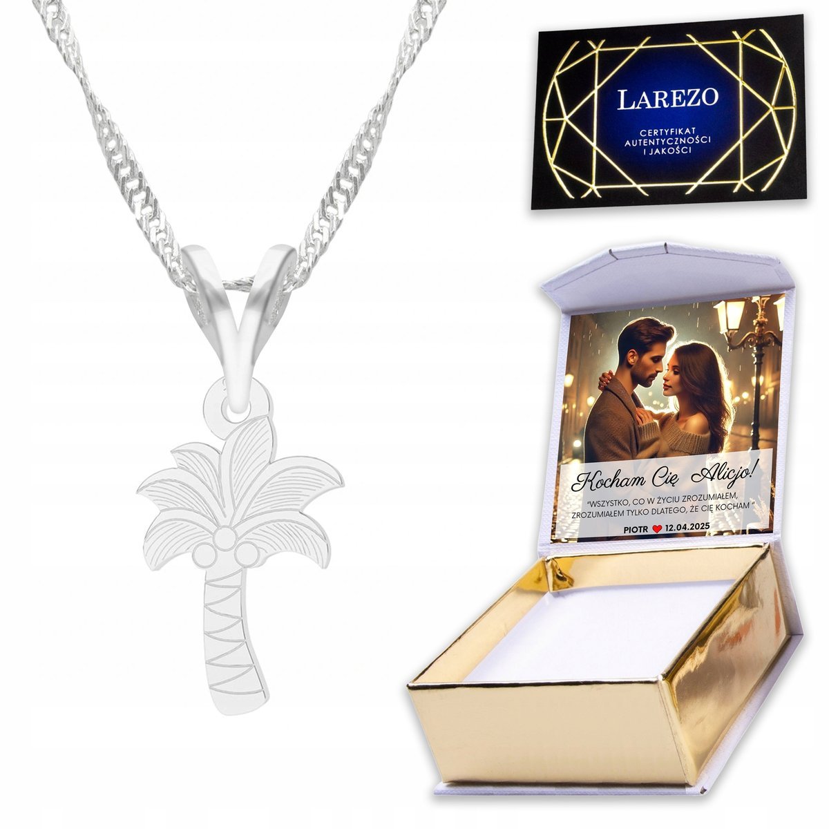 Naszyjnik Srebrny 925 Palma Drzewo Drzewko Liść Listek Palmy + NADRUK