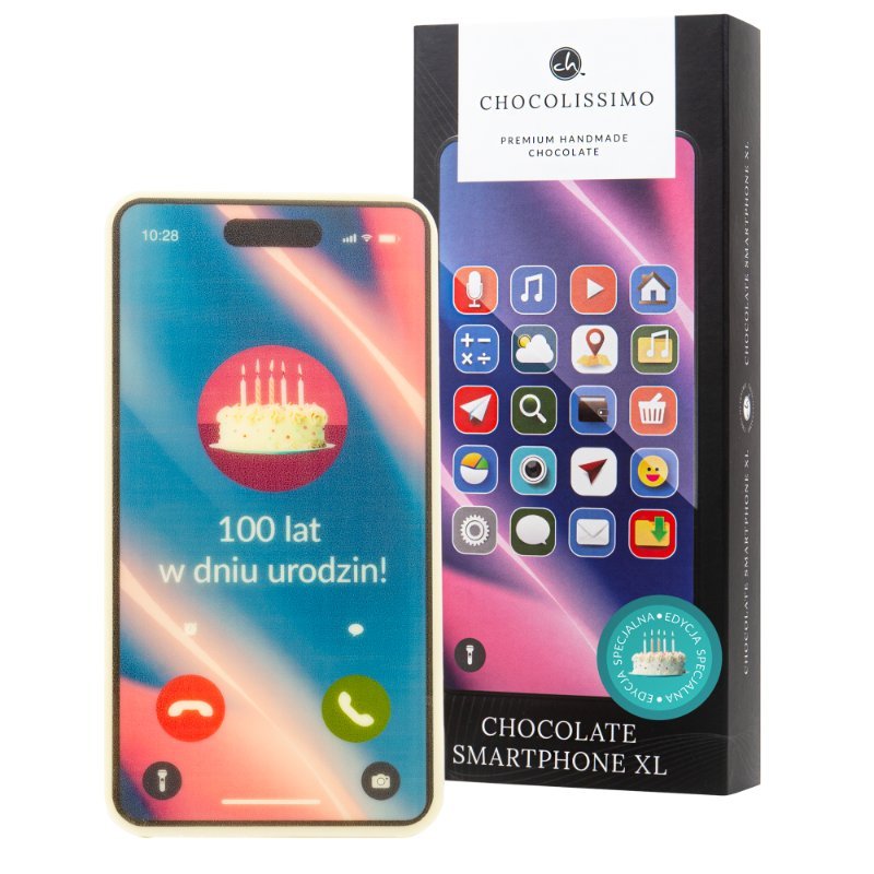 Smartphone z białej belgijskiej czekolady na urodziny z życzeniami 100 lat 70 g Prezent urodzinowy