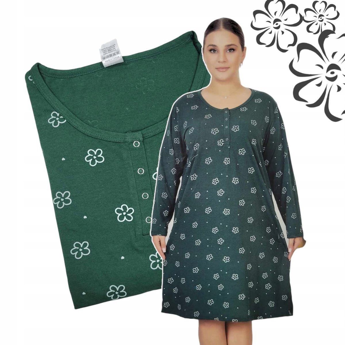 KOSZULA NOCNA 54XL 5XL rozpinana BAWEŁNA stokrotki subtelne zieleń ciemna