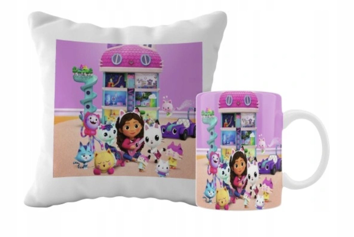 ZESTAW PODUSZKA + KUBEK Prezent KOCI DOMEK GABI GABBYS DOLLHOUSE + IMIĘ 35